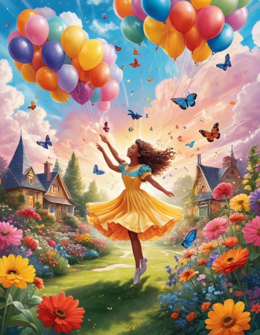 A colorful and playful scene depicting a whimsical garden filled with oversized flowers, cheerful animals, and magical elements like floating balloons and fairy lights. A joyful figure dancing amidst the flowers, exuding happiness, with vibrant rays of sunshine streaming through fluffy clouds. Include playful elements like butterflies and a sparkling rainbow in the background. vibrant colors. illustration.