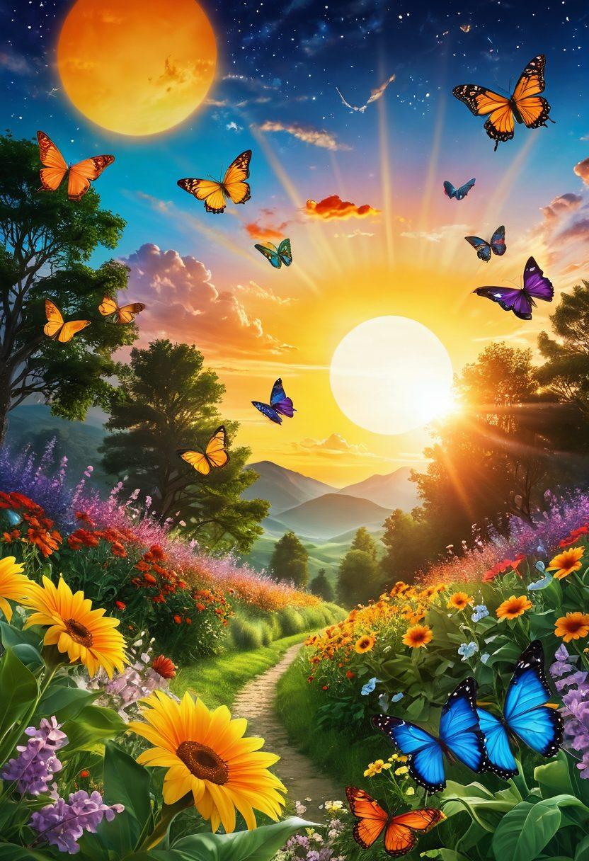 A vibrant sun rising over a lush green landscape, symbolizing hope and positivity. Include a diverse group of people joyfully sharing unique tips, surrounded by blooming flowers and colorful butterflies. Integrate elements like lightbulbs and stars to represent ideas and inspiration. The scene should evoke feelings of happiness and motivation. super-realistic. vibrant colors. cheerful atmosphere.