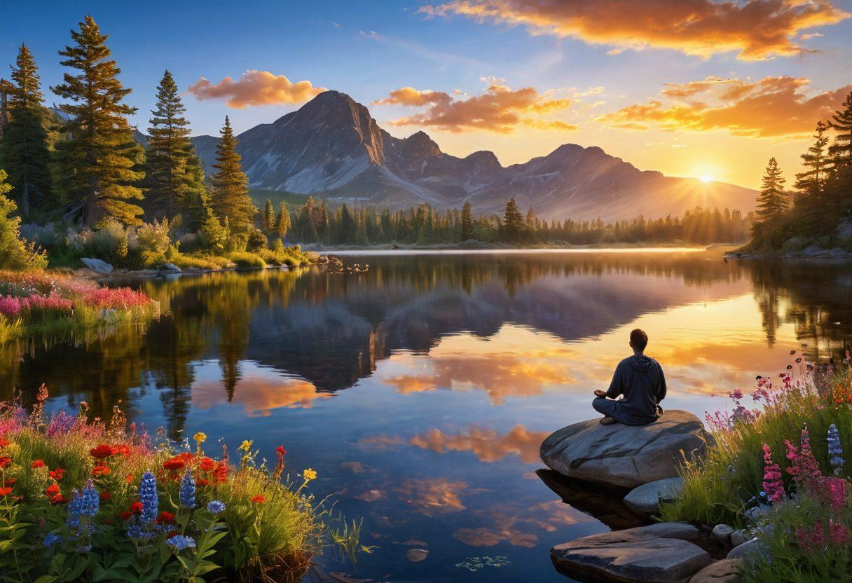 A serene landscape featuring a sunrise over a tranquil lake with vibrant wildflowers in the foreground. Include a person meditating on a rock, symbolizing peace and joy, surrounded by butterflies and a gentle breeze. The scene should evoke feelings of happiness and tranquility, inviting viewers to embrace joy in their lives. super-realistic. vibrant colors. peaceful atmosphere.